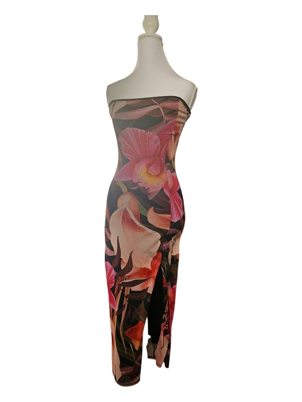 Strapless Floral Bodycon Maxi Dress with Slit